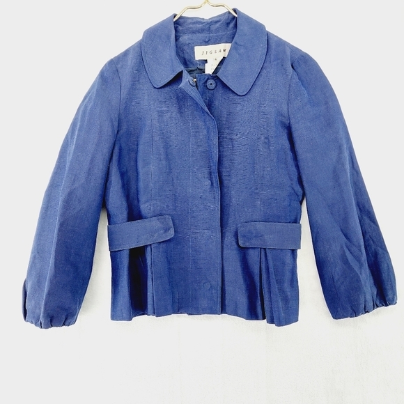 Jigsaw Blue Silk Hemp Blend Flap Pockets Victorian Collared Blazer P2959 - Picture 1 of 8